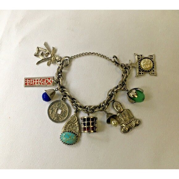 Vintage Chinese Charm Bracelet Loaded Tea House Buddha Dragon Enamel Silver Tone - Picture 1 of 4